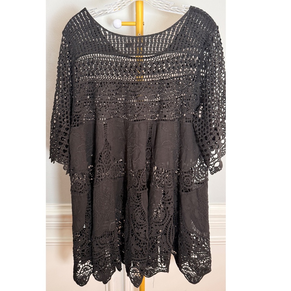 Origami by Vivien Crochet Lace Tunic Top Plus Black Cotton Boho OLS-4516 - Picture 2 of 6